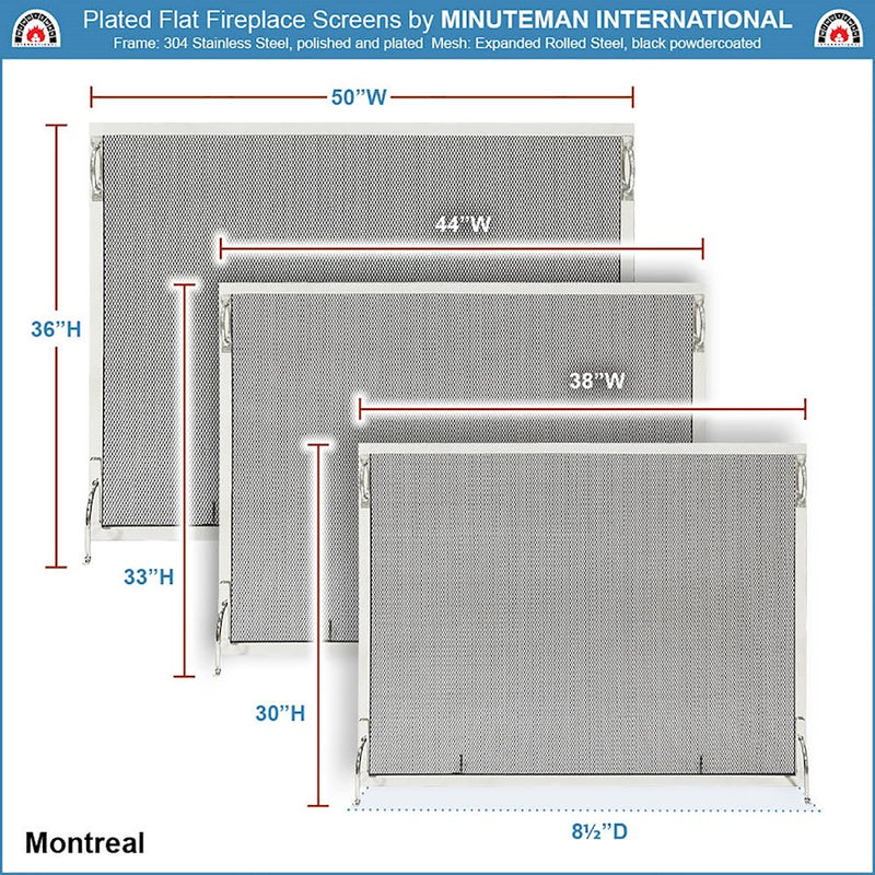 ACHLA Montreal 38x30in Flat Fireplace Screen | Polished Nickel Wrought Iron Frame with Black Mesh | Living Room & Hearth Safety | Model SSM-3830NP