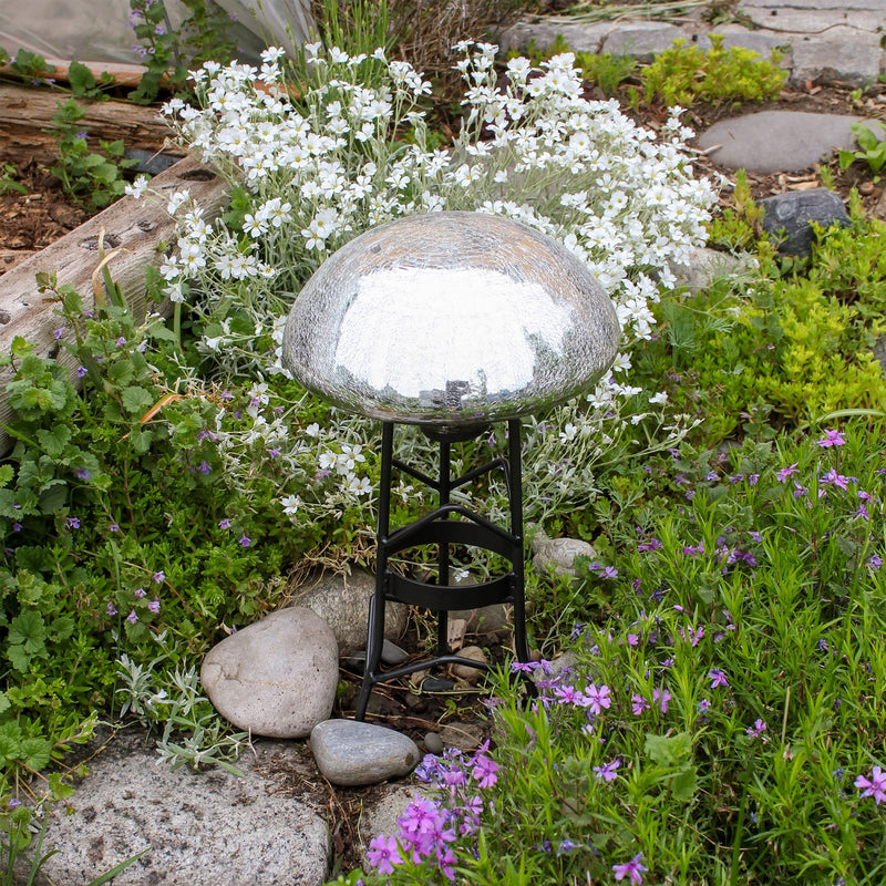 ACHLA Toad Stool Silver Crackle Glass Garden Ornament | Hand-Blown Crackled Glass | Patio & Garden Decor | 9 x 9 x 5.5 in | Model TS-S-C
