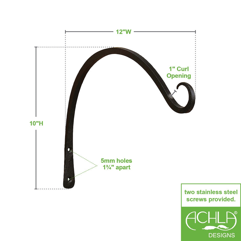ACHLA 12in Upcurled Bracket 2-Pack | Black Wrought Iron Wall Hook | Outdoor & Indoor Hanging for Lanterns & Planters | Model TSH-05-2