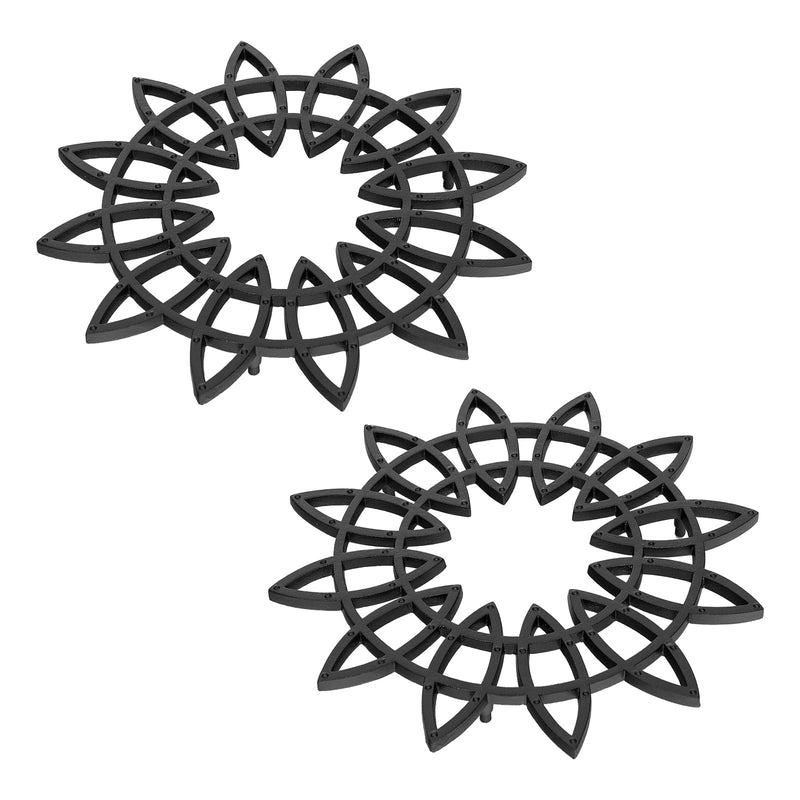 ACHLA 12in Flower Wrought Iron Trivet Set of 2 | Black Powdercoat Cast Iron | Indoor & Outdoor Plant Stand | 12 x 12 x 1 in | Model TWI-06L-2