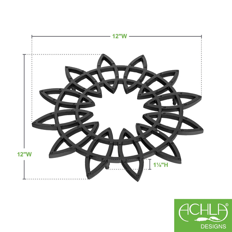 ACHLA 12in Flower Wrought Iron Trivet Set of 2 | Black Powdercoat Cast Iron | Indoor & Outdoor Plant Stand | 12 x 12 x 1 in | Model TWI-06L-2