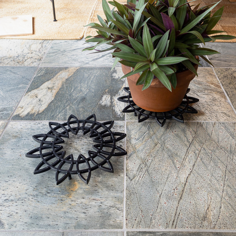 ACHLA 12in Flower Wrought Iron Trivet Set of 2 | Black Powdercoat Cast Iron | Indoor & Outdoor Plant Stand | 12 x 12 x 1 in | Model TWI-06L-2