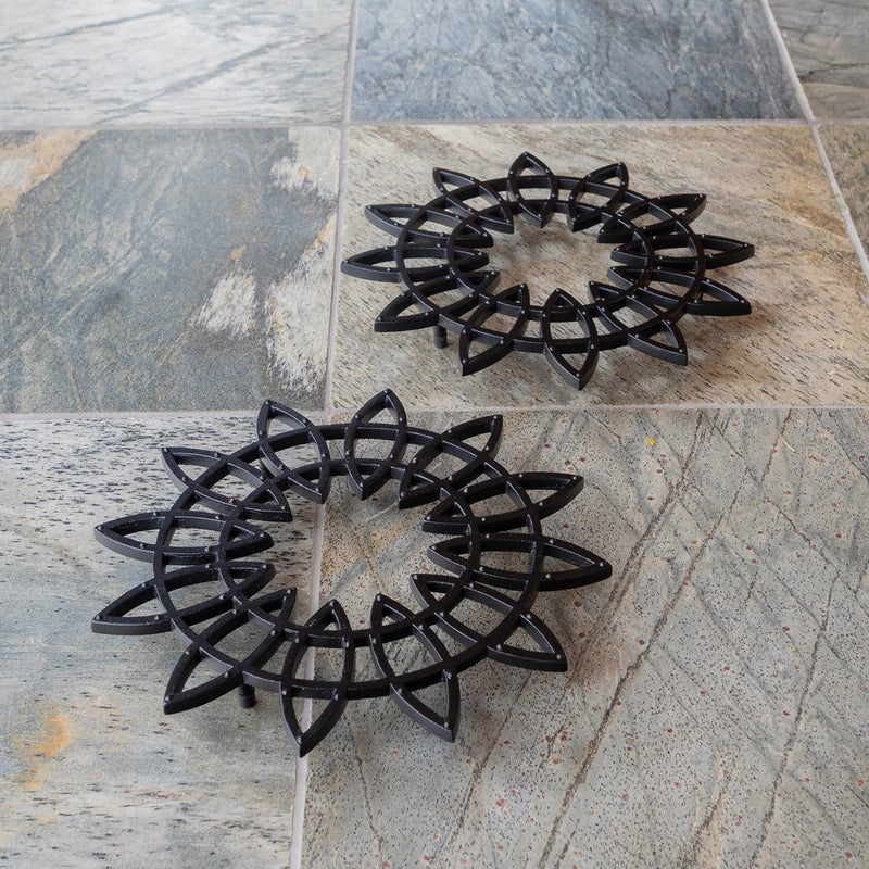 ACHLA 12in Flower Wrought Iron Trivet Set of 2 | Black Powdercoat Cast Iron | Indoor & Outdoor Plant Stand | 12 x 12 x 1 in | Model TWI-06L-2