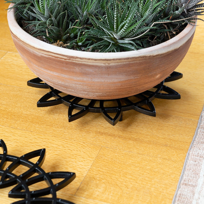 ACHLA 12in Flower Wrought Iron Trivet Set of 2 | Black Powdercoat Cast Iron | Indoor & Outdoor Plant Stand | 12 x 12 x 1 in | Model TWI-06L-2