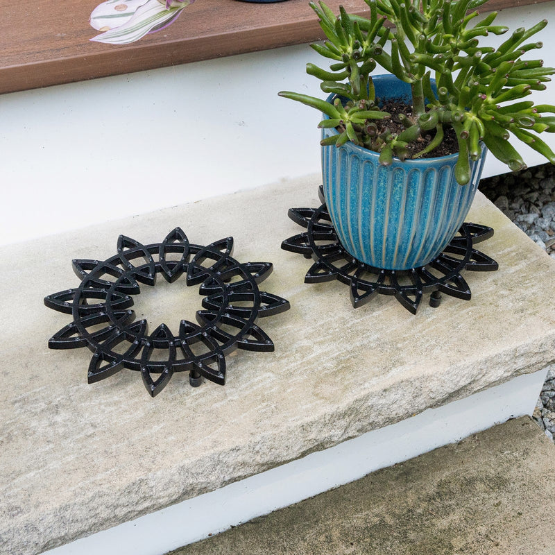 ACHLA 8in Wrought Iron Trivet Set of 2 | Black Powdercoat Cast Iron | Indoor & Outdoor Plant Stand & Table Protector | 8 x 8 x 1 in | Model TWI-06S-2