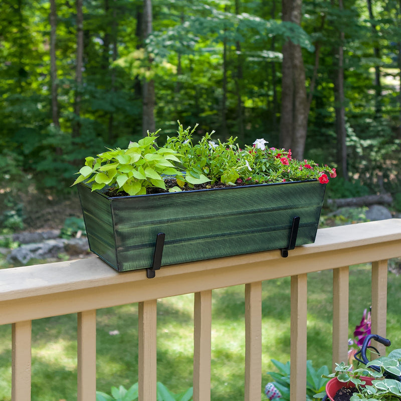 ACHLA Medium Flower Box with Brackets | Green Patina Galvanized Steel and Black Wrought Iron | Porch & Deck Railing Planter | Model VFB-05-K6