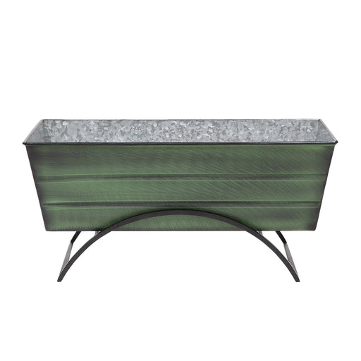 ACHLA Odette Medium Flower Planter Box with Stand | Green Patina Galvanized Steel and Black Wrought Iron | Patio & Balcony Container | Model VFB-05-S