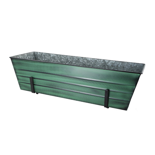 ACHLA Large Flower Box with Brackets | Green Patina Galvanized Steel and Black Wrought Iron | Porch & Deck Railing Planter | Model VFB-06-K6