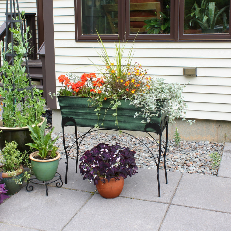 ACHLA Flora 36in Flower Box Stand | Green Patina Galvanized Steel and Black Wrought Iron | Patio & Balcony Container Gardening | Model VFB-06-S4