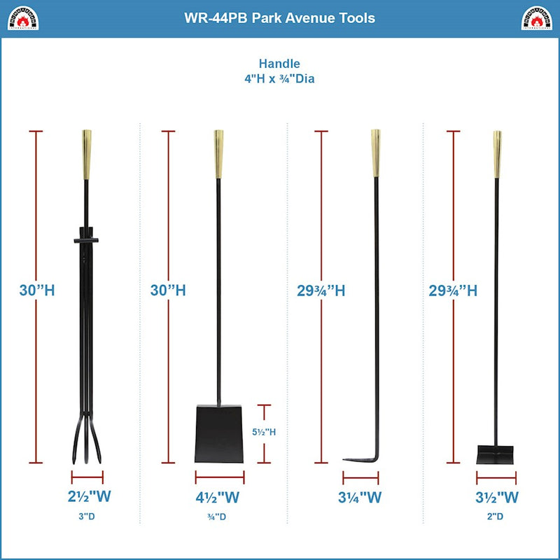 ACHLA Park Avenue Fireplace Tool Set | Contemporary Cast Iron with Polished Brass Accents | Living Room Hearth & Fireplace | Model WR-44PB