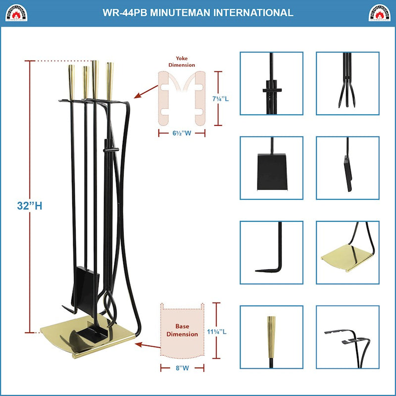 ACHLA Park Avenue Fireplace Tool Set | Contemporary Cast Iron with Polished Brass Accents | Living Room Hearth & Fireplace | Model WR-44PB