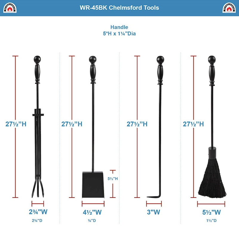 ACHLA Chelmsford Fireplace Tool Set | Black Cast Iron Ball-End Handles | Living Room & Hearth Accessory | 8 x 8 x 30 in, 4 Tools | Model WR-45BK