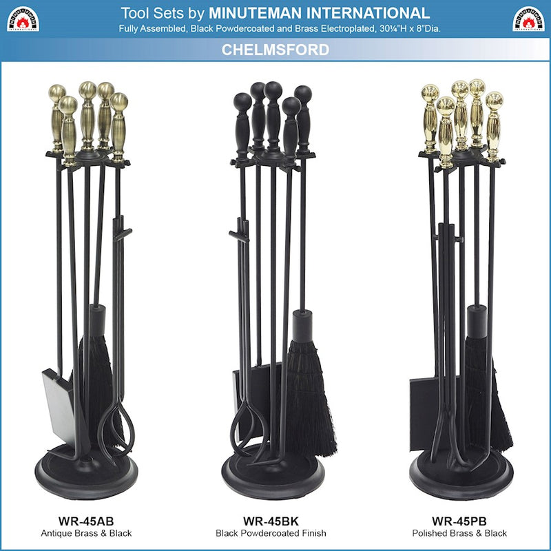 ACHLA Chelmsford Fireplace Tool Set | Black Cast Iron Ball-End Handles | Living Room & Hearth Accessory | 8 x 8 x 30 in, 4 Tools | Model WR-45BK