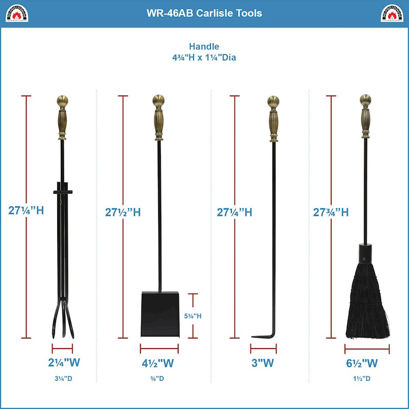 ACHLA Carlisle Tool Set | Traditional Cast Iron Fireplace Tool Set with Antique Brass Handles | Living Room & Hearth Accessory | Model WR-46AB