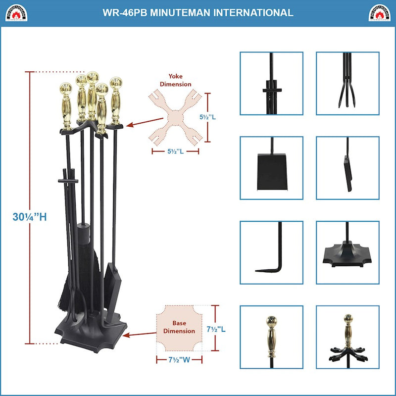 ACHLA Carlisle Tool Set | Polished Brass & Black Cast Iron | Fireplace Tool Set for Living Room & Hearth | 7.5 x 7.5 x 30.5 in | Model WR-46PB