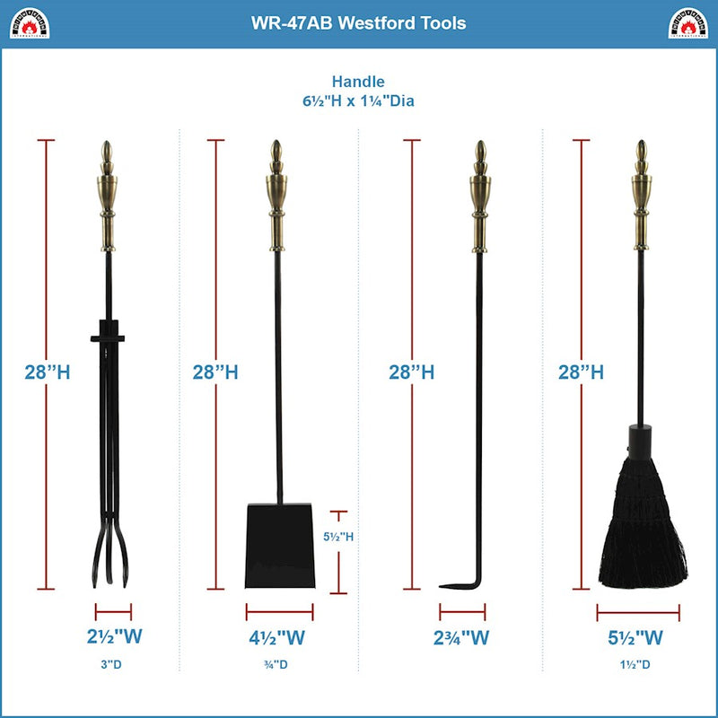 ACHLA Westford Fireplace Tool Set | Traditional Cast Iron with Antique Brass Handles | Living Room & Hearthside | 8 x 8 x 30 in | Model WR-47AB