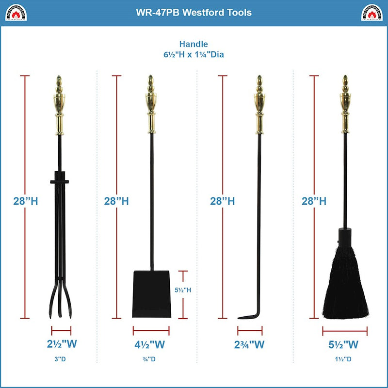 ACHLA Westford Fireplace Tool Set | Polished Brass and Black Cast Iron | Living Room & Hearth Accessory | 8 x 8 x 30 in | Model WR-47PB