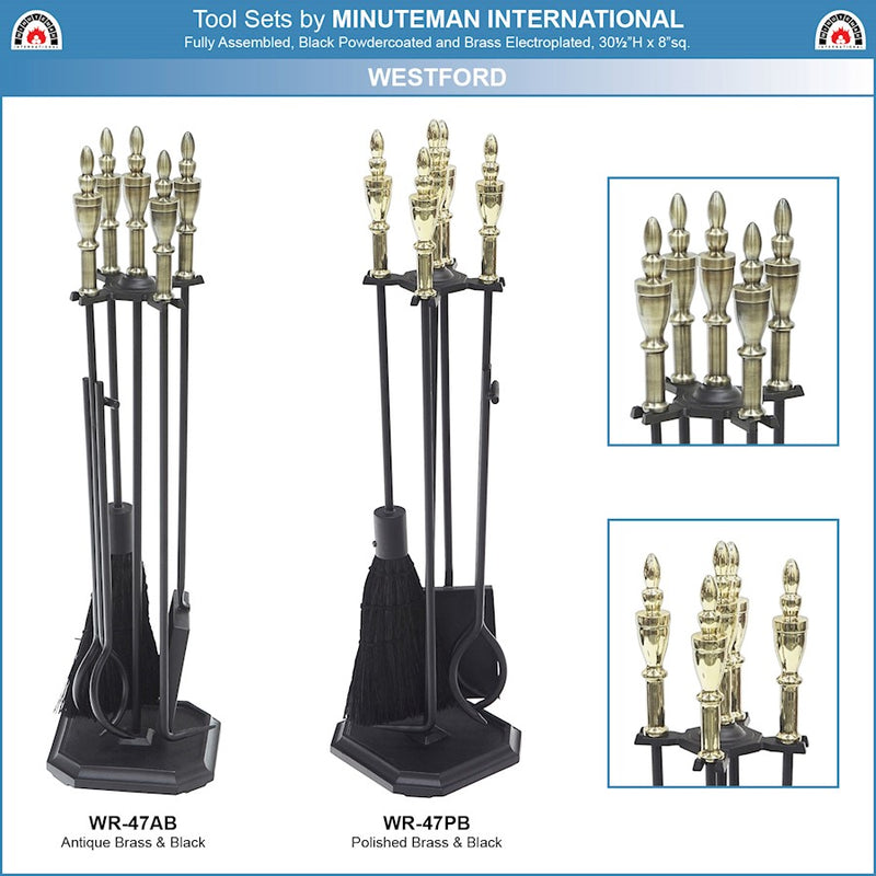 ACHLA Westford Fireplace Tool Set | Polished Brass and Black Cast Iron | Living Room & Hearth Accessory | 8 x 8 x 30 in | Model WR-47PB