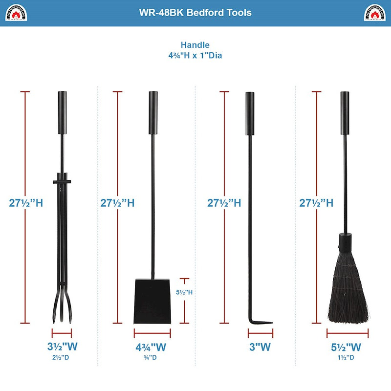 ACHLA Bedford 30in Fireplace Tool Set | Black Cast Iron and Zinc Handles | Living Room & Hearthside Fireplace | 8 x 8 x 30 in | Model WR-48BK