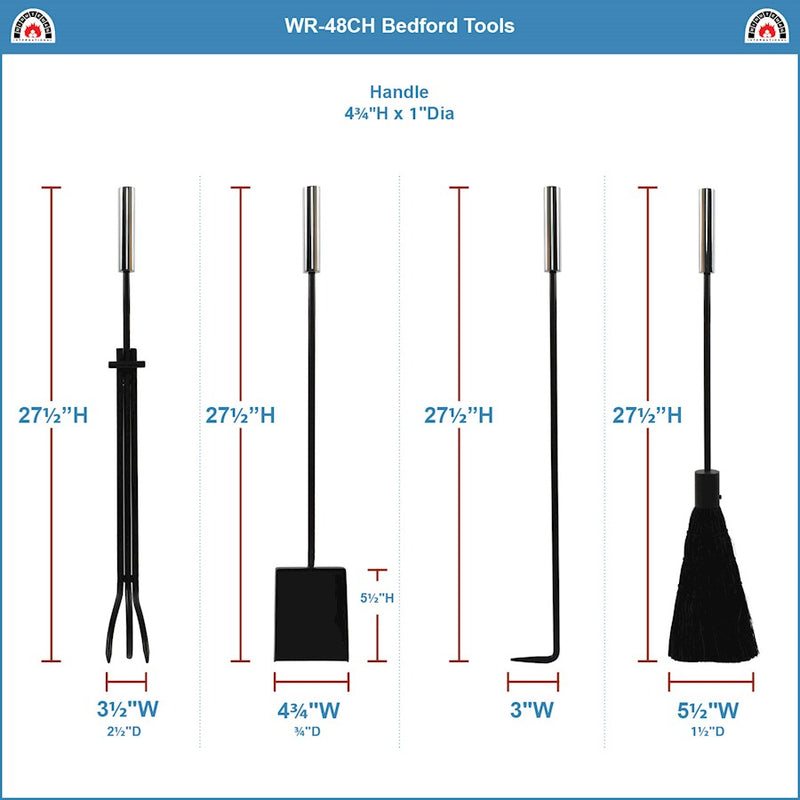 ACHLA Bedford Tool Set 30in Fireplace Tools & Stand | Contemporary Polished Chrome and Cast Iron | Living Room & Hearthside Fireplace | Model WR-48CH