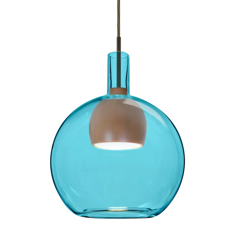 Besa Lighting Benji 9in 1-Light LED Pendant | Contemporary Bronze and Blue Glass/Wood | Kitchen Island & Dining Room | Model 1JT-BENJIBLMD-LED-BR