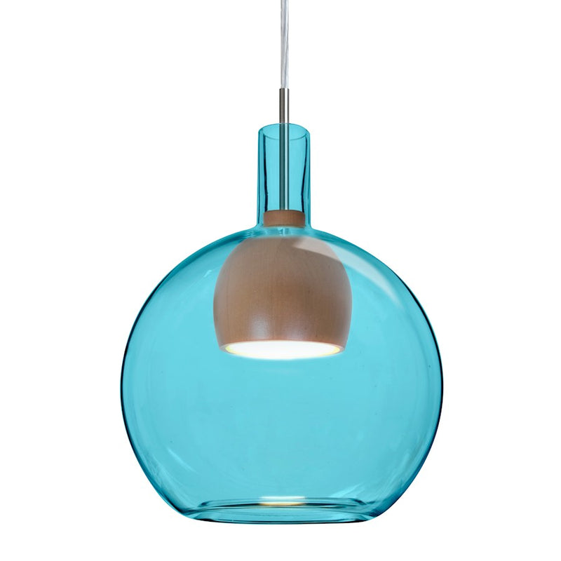 Besa Lighting Benji 9in 1-Light LED Pendant | Contemporary Satin Nickel and Blue Glass Wood | Kitchen Island & Dining | Model 1JT-BENJIBLMD-LED-SN