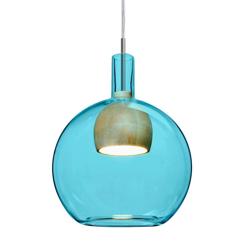Besa Lighting Benji 9in 1-Light LED Pendant | Contemporary Satin Nickel and Blue Glass Wood | Kitchen Island & Dining | Model 1JT-BENJIBLNA-LED-SN