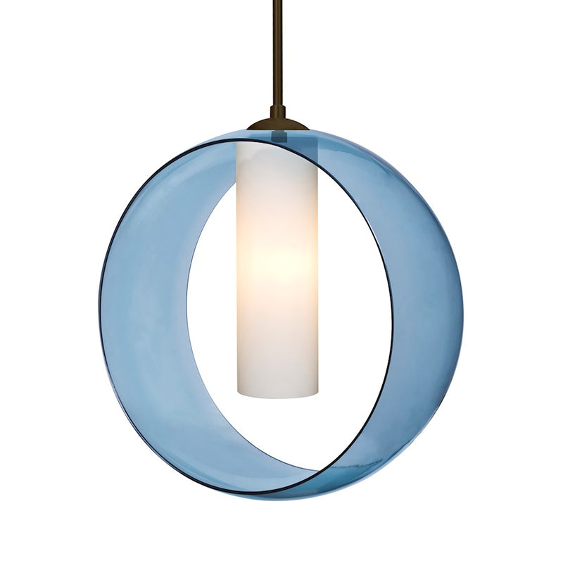 Besa Lighting Plato 12in 1-Light LED Cord Pendant | Contemporary Bronze and Blue Glass | Kitchen Island & Dining Room | Model 1JT-PLATOBL-LED-BR