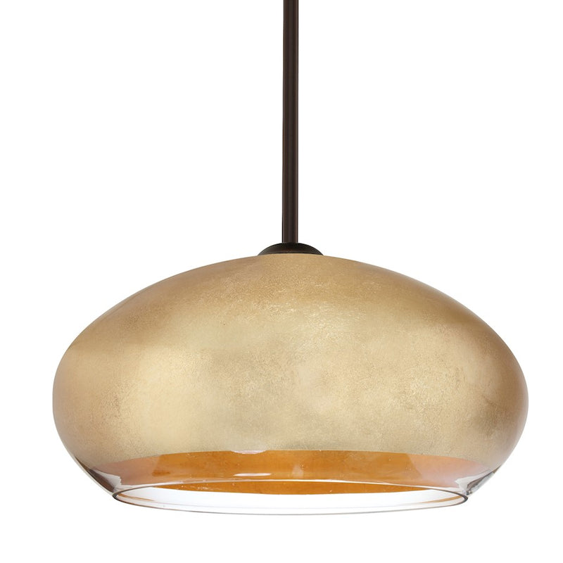 Besa Lighting Brio 14 1-Light LED Stem Pendant | Contemporary Bronze and Gold Foil Glass | Kitchen Island & Dining Room | Model 1TT-4345GF-LED-BR
