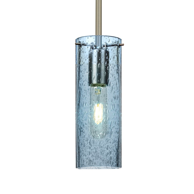 Besa Lighting Juni 10 1-Light Pendant | Transitional Satin Nickel and Blue Glass | Kitchen Island & Dining Room | 3.5 x 10 in | Model 1TT-JUNI10BL-SN