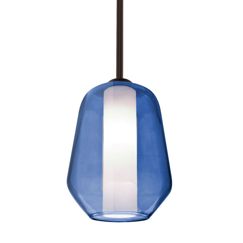 Besa Link 8in 1-Light LED Stem Pendant | Transitional Brushed Bronze and Blue Glass | Kitchen Island & Dining Room | Model 1TT-LINKBL-LED-BR
