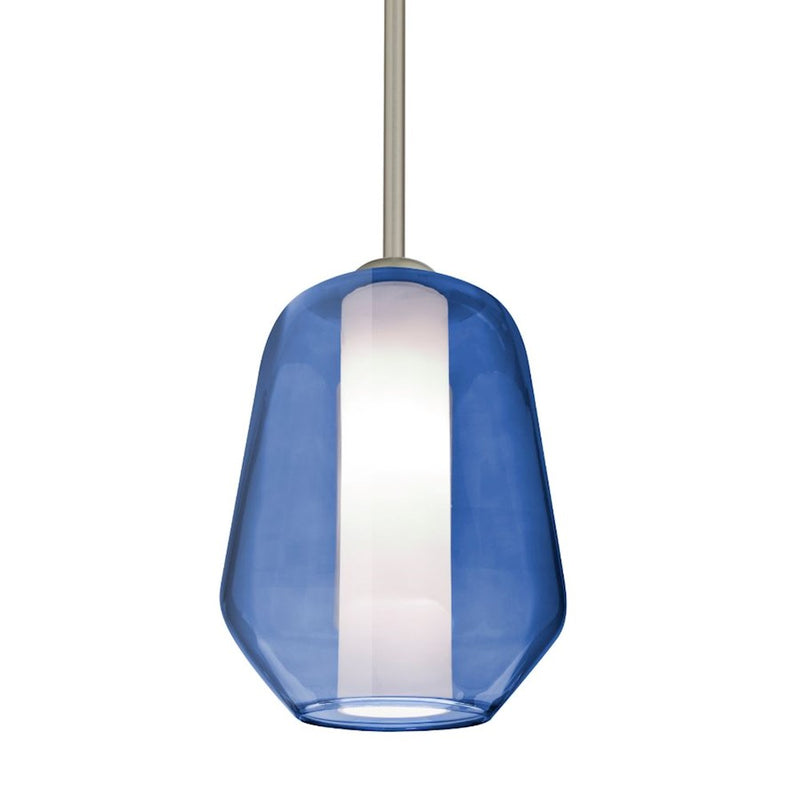 Besa Link 8in 1-Light LED Stem Pendant | Transitional Satin Nickel and Blue Glass | Kitchen Island & Dining Room | Model 1TT-LINKBL-LED-SN