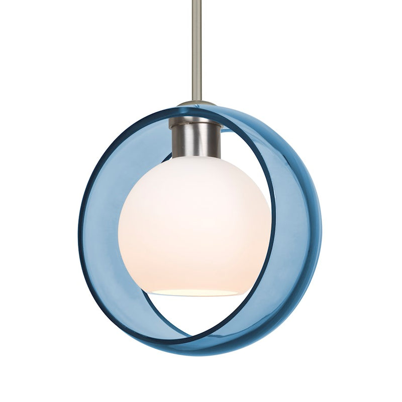 Besa Lighting Mana 9in 1-Light Stem Pendant | Contemporary Satin Nickel and Blue Glass | Kitchen Island & Dining Room | 9 x 9 in | Model 1TT-MANABL-SN