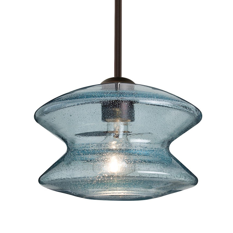 Besa Lighting Zen 9in 1-Light Stem Pendant | Transitional Brushed Bronze and Blue Glass | Kitchen Island & Dining Room | Model 1TT-ZENBL-BR