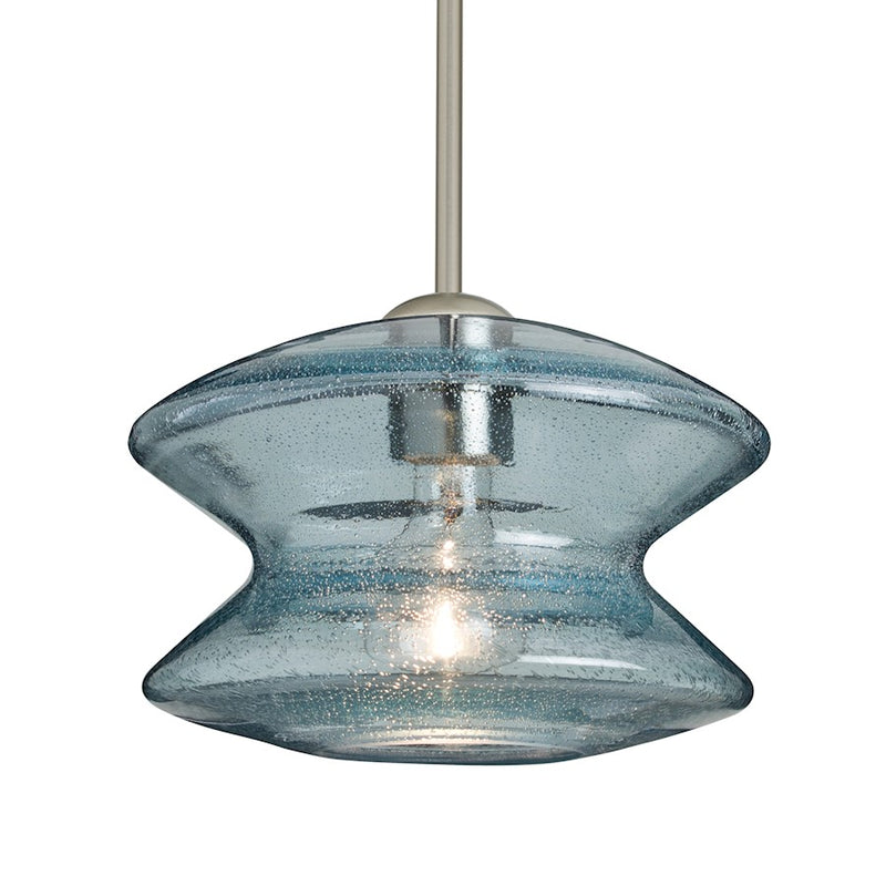 Besa Lighting Zen 9in 1-Light Stem Pendant | Transitional Satin Nickel and Blue Glass | Kitchen Island & Dining Room | 9 x 6.7 in | Model 1TT-ZENBL-SN