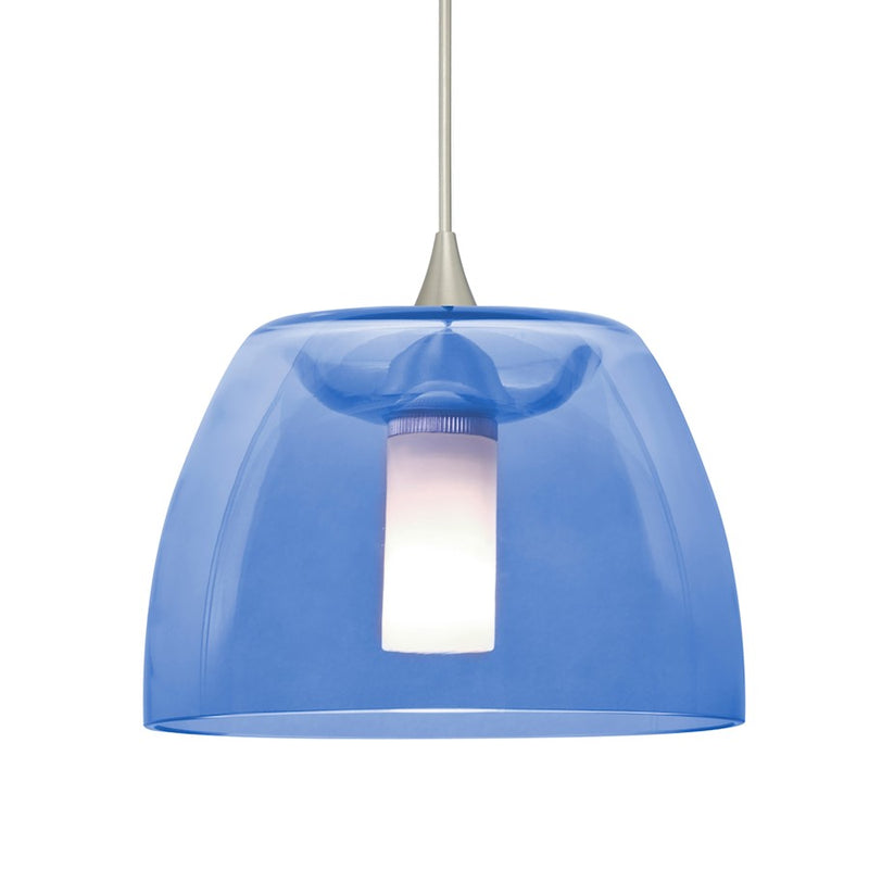 Besa Lighting Spur 5.5in 1-Light LED Cord Pendant | Transitional Satin Nickel and Blue Glass | Kitchen Island & Dining Room | Model 1XT-SPURBL-LED-SN