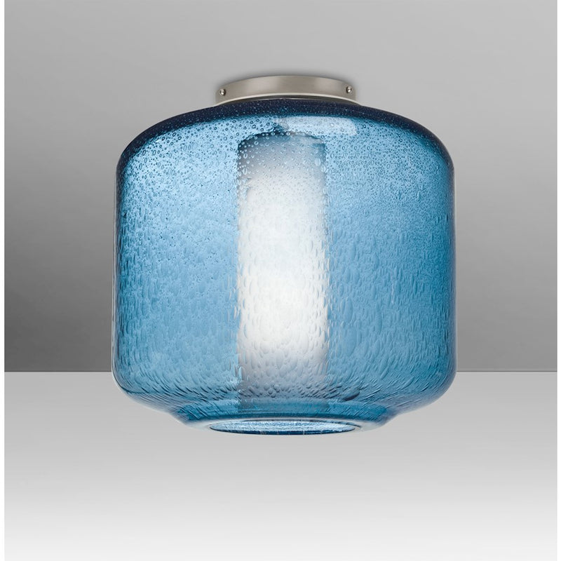 Besa Lighting Niles 10 1-Light Flush Mount | Transitional Satin Nickel and Blue Bubble/Opal Glass | Hallway & Bedroom Ceiling | Model NILES10BOC-SN