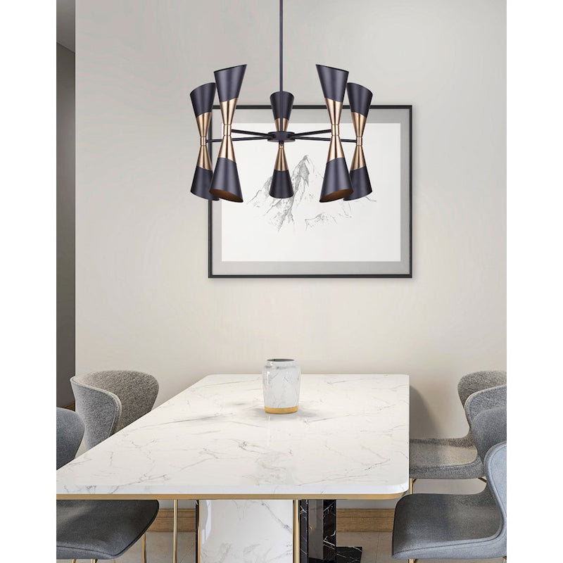 Canarm Emlen 28in 10-Light Chandelier | Mid-Century Matte Black and Gold Metal | Dining Room & Entryway | 28 x 24 in | Model ICH1073A10BKG