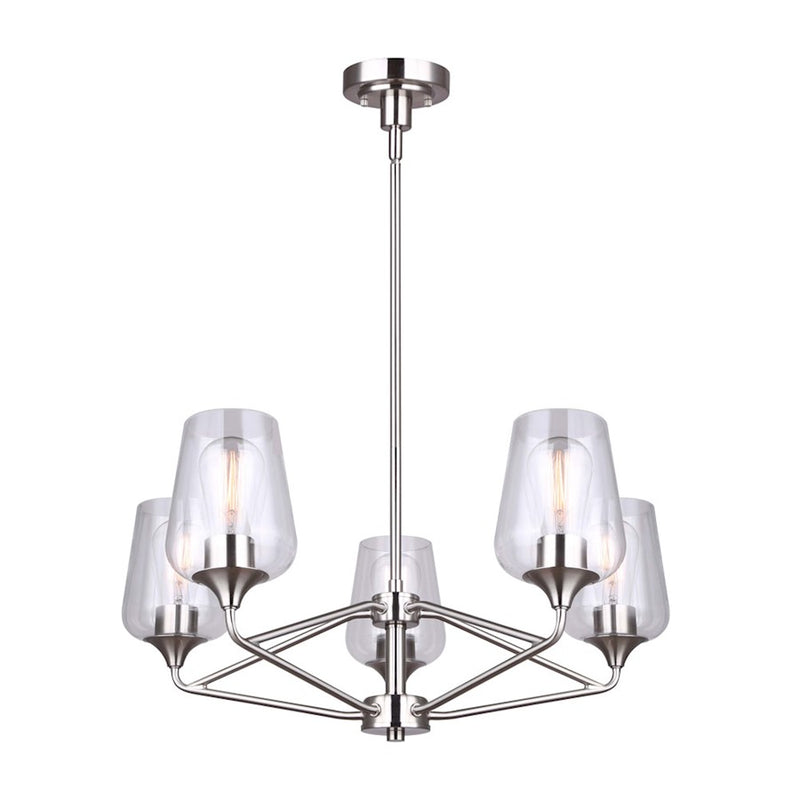Canarm Conall 26in 5-Light Chandelier | Brushed Nickel and Clear Glass | Dining Room & Living Room | 26 x 26 x 59 in | Model ICH1102A05BN