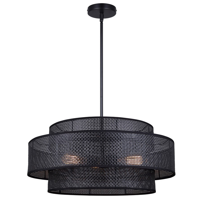 Canarm Bellamy 22in 3-Light Chandelier | Modern Black and Black Rattan Shade | Dining Room & Living Room | 22 x 22 x 17.25 in | Model ICH1149A03BK22