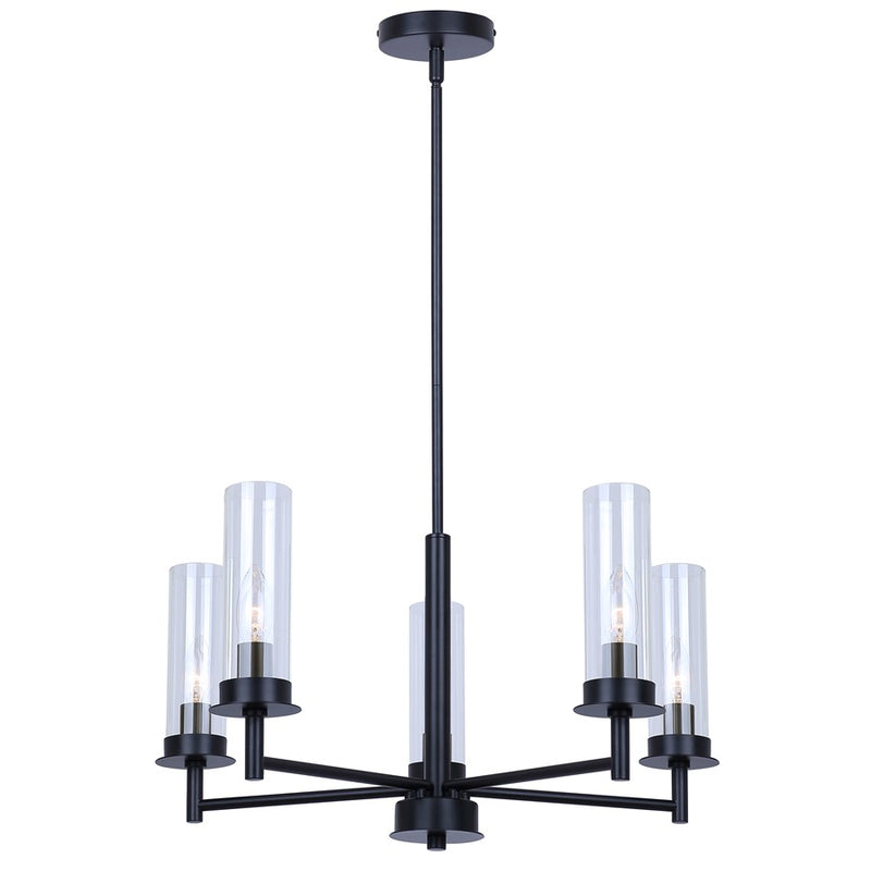 Canarm Benson 23in 5-Light Chandelier | Matte Black and Clear Glass | Kitchen & Dining Room | 23 x 23 x 20 in | Model ICH1205A05BK