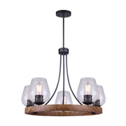 Canarm Artie 26in 5-Light Chandelier | Industrial Matte Black and Faux Wood with Clear Glass | Kitchen Island & Dining Room | Model ICH749B05BKW