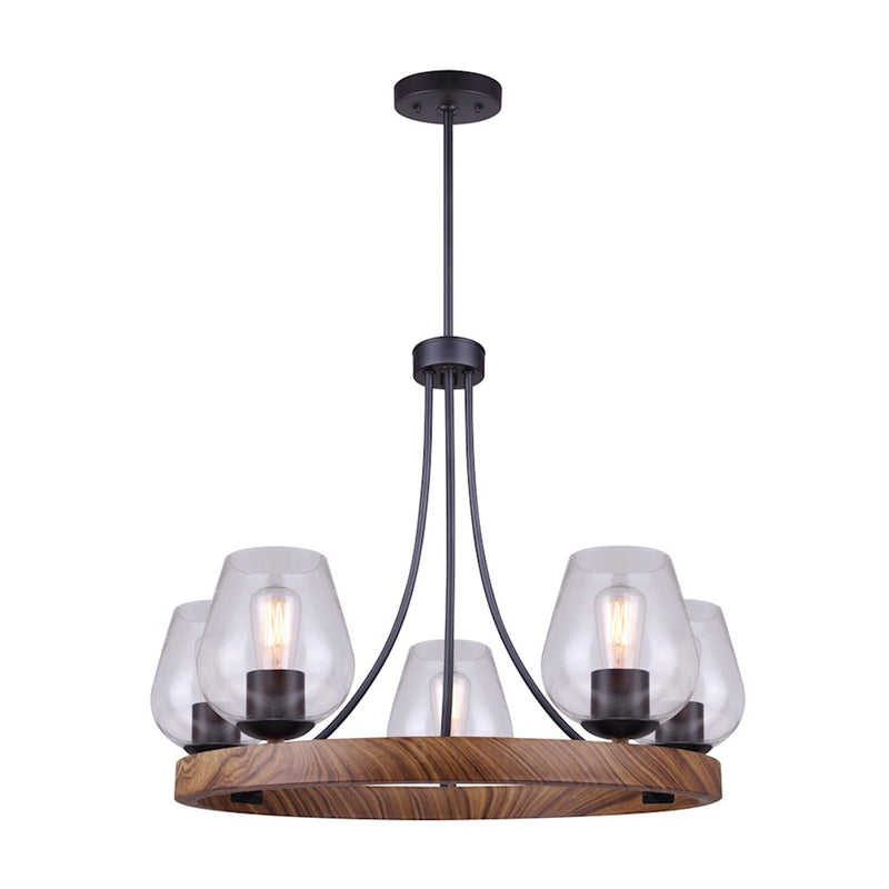 Canarm Artie 26in 5-Light Chandelier | Industrial Matte Black and Faux Wood with Clear Glass | Kitchen Island & Dining Room | Model ICH749B05BKW