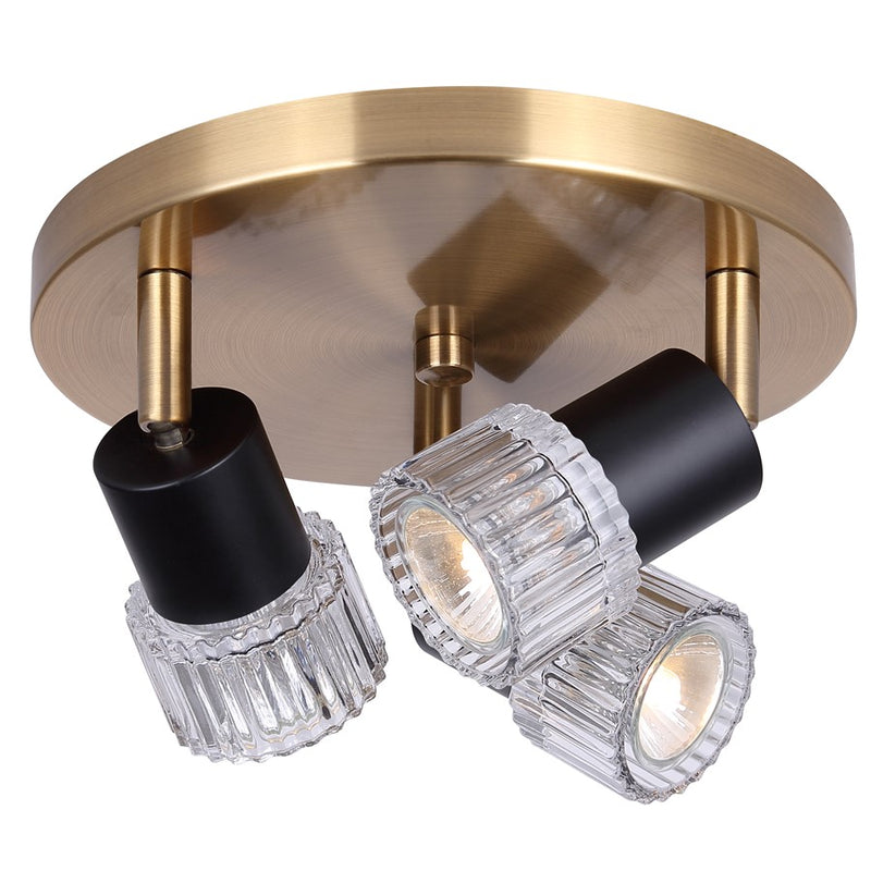Canarm Elsee 10in 3-Light Track Lighting | Black/Gold Steel and Clear Ribbed Glass | Kitchen & Living Room Accent | Model ICW1161A03BKG10