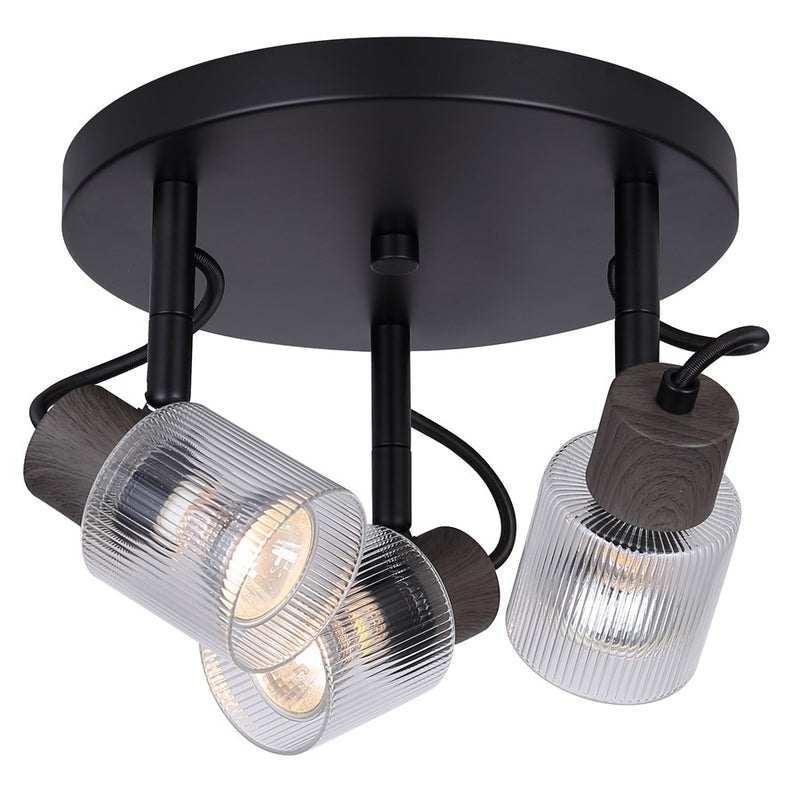 Canarm Owen 13in 3-Light Flush Mount | Industrial Matte Black and Clear Ribbed Glass | Bedroom & Living Room | 13 x 9 x 7 in | Model ICW1198A03BKW10
