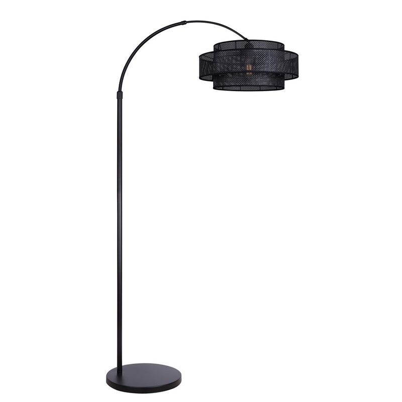 Canarm Bellamy 82in 1-Light Arched Floor Lamp | Mid-Century Matte Black Steel and Black Rattan Shade | Living Room & Bedroom | Model IFL1149A82BK-BPR