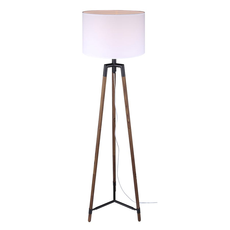 Canarm Cameram 62.5in 1-Light Floor Lamp | Matte Black and Faux Woodgrain Metal with White Fabric Shade | Living Room, Bedroom | Model IFL2126B62BKW