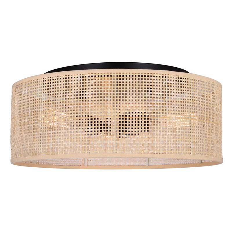 Canarm Bellamy 16in 3-Light Flush Mount | Rustic Black and Natural Rattan Shade | Bedroom & Hallway | 16.25 x 16.25 x 6.88 in | Model IFM1149A15NBK