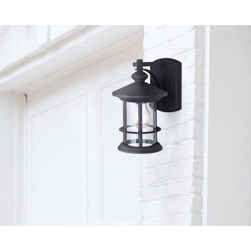 Canarm Treehouse 10in 1-Light Outdoor Wall Sconce | Black Metal and Clear Glass | Porch & Patio | 6 x 7.5 x 9.75 in | Model IOL315BK