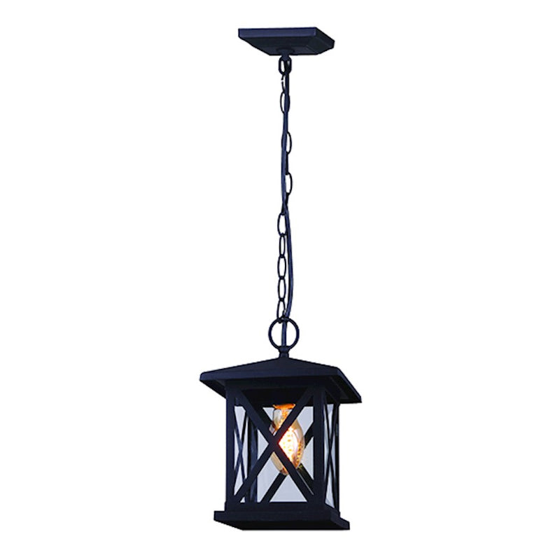 Canarm Elm 8in 1-Light Outdoor Pendant | Modern Black Metal and Clear Glass | Covered Patio & Entryway | 7.88 x 7.88 x 11.75 in | Model IOL399BK